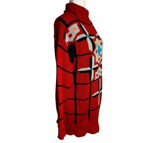 Vintage Cable Knit Turtleneck Sweater M Red Geometric Pullover Oversized - Picture 5 of 6